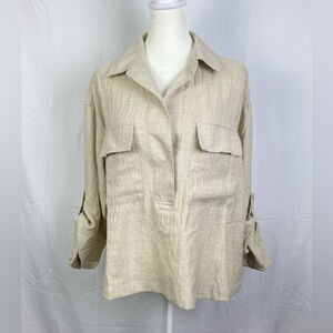 MAX STUDIO LONDON Half Button Medium Beige Collared Roll Tab Sleeve Blouse EUC